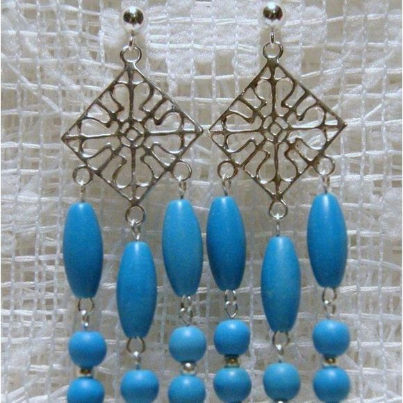 Handmade Blue Chalk Turquoise Sterling Silver Chandelier Dangle Post Earrings - Picture 3 of 5
